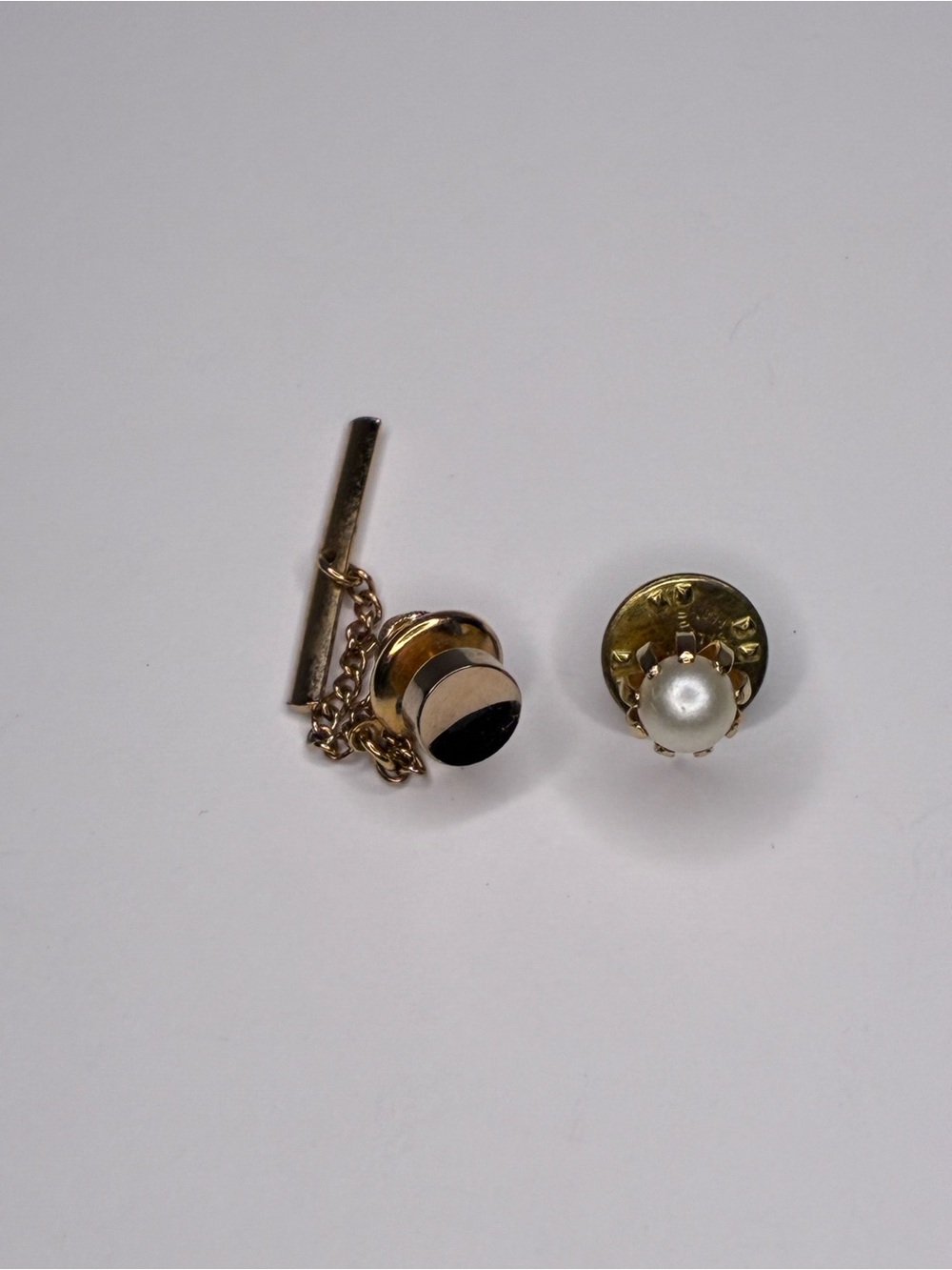 Vintage Gold Toned Round Chain Tie Tack And Gold Colored Pearl Tie Tack Bundle